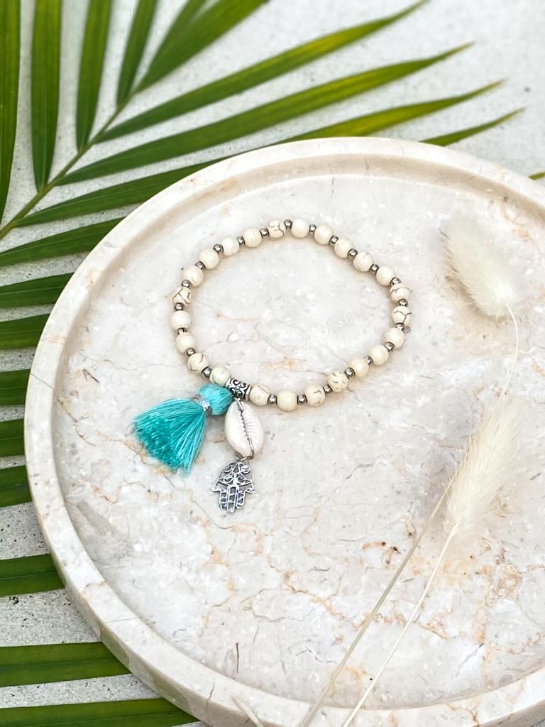 bransoletka-boho-niebieska bransoletka frędzle miętowa