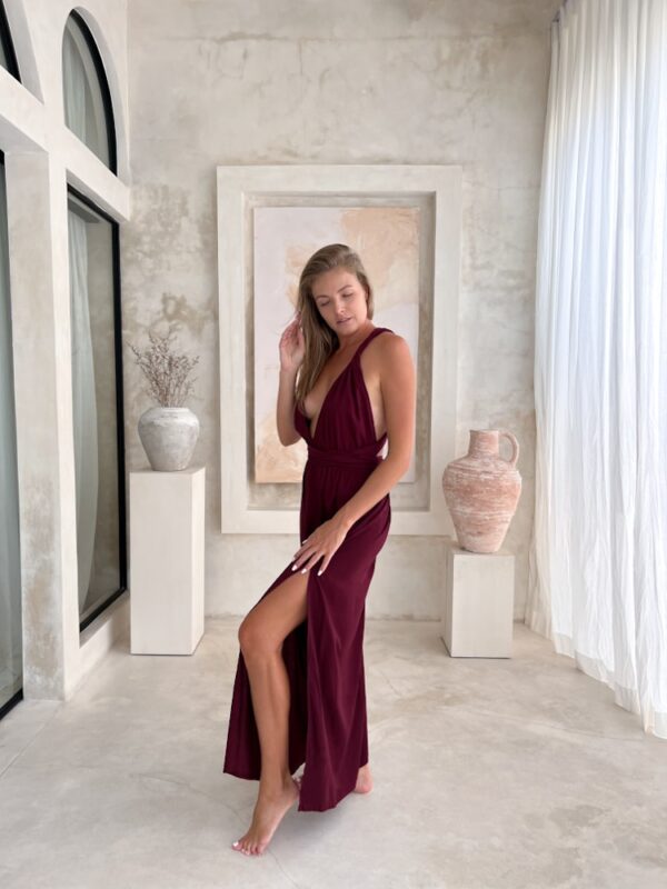 Burgundy wrap dress with slit | elegant boho maxi